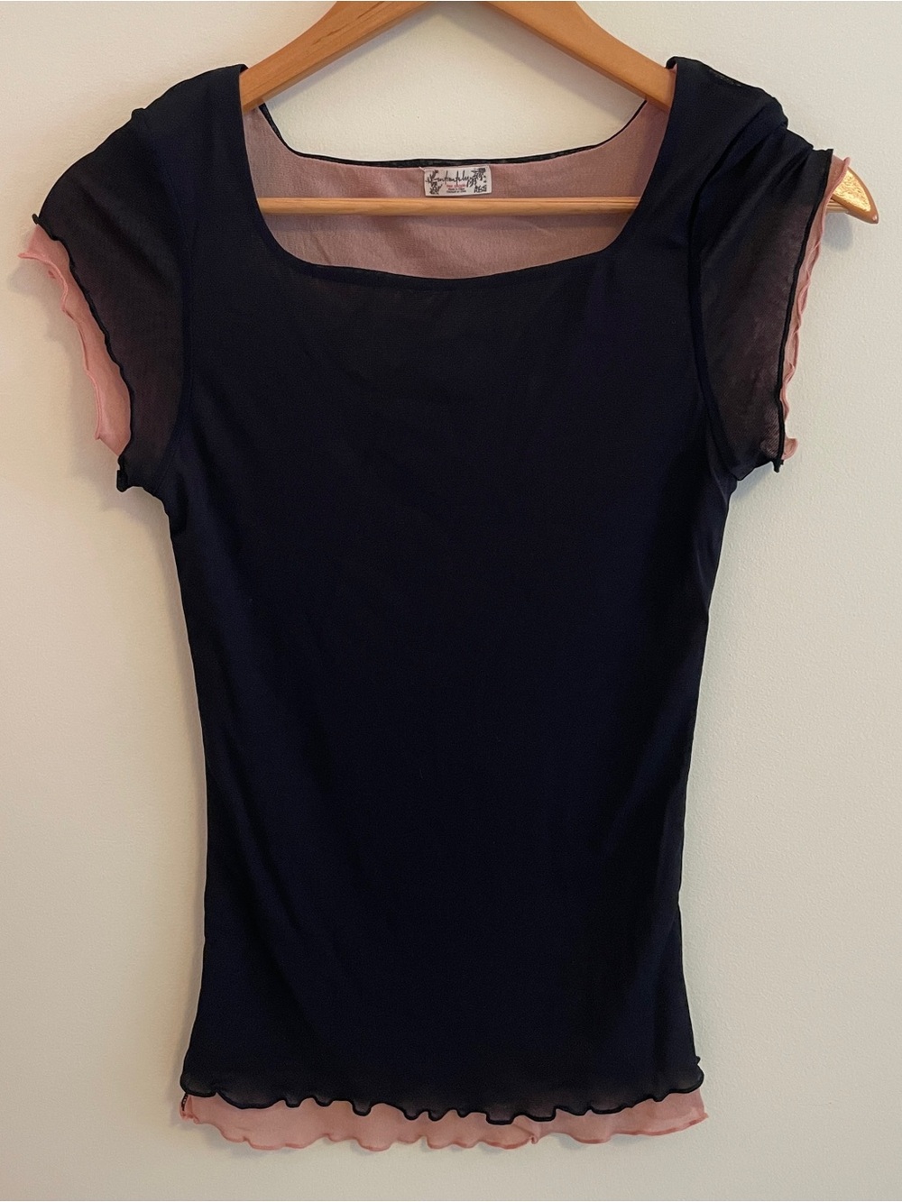Sheer Layered Black and Pink Women's Scoop Neck Top